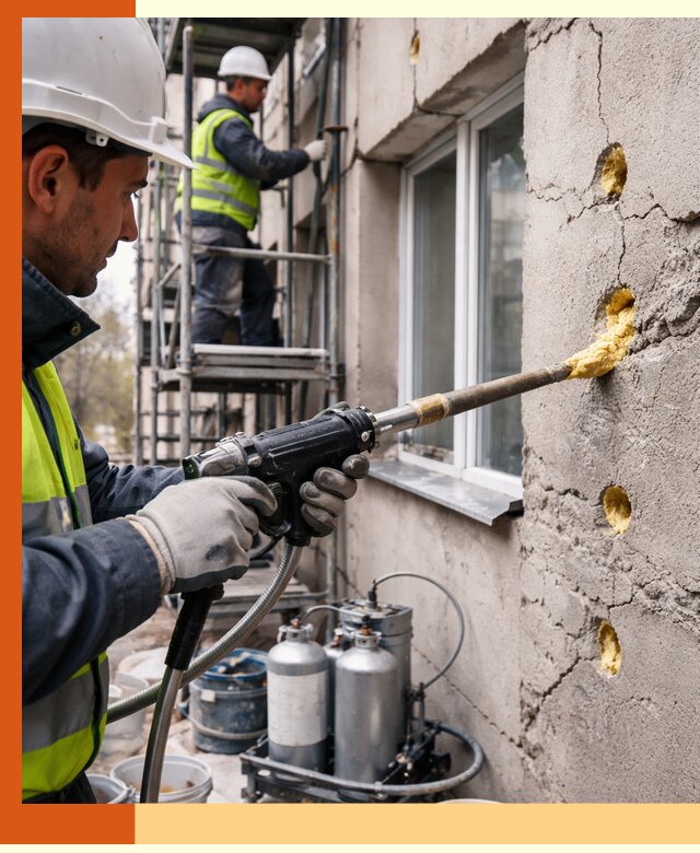 Заполнение пустот в фасаде и утепление стен в Малоярославце